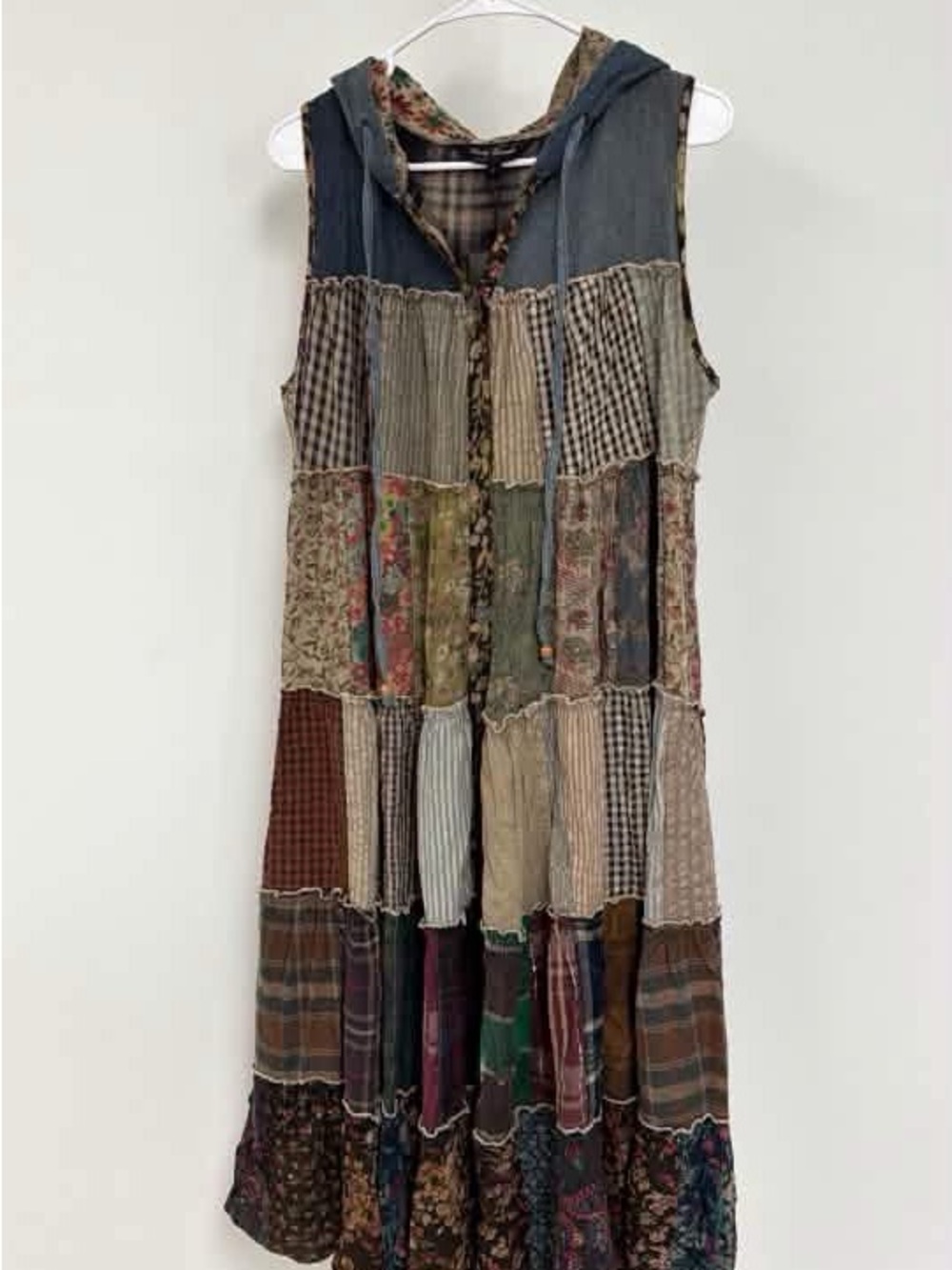 Boho Patchwork Hooded Maxi Dress in Mixed Earth Tones